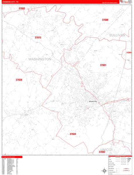 Johnson City City Digital Map Red Line Style